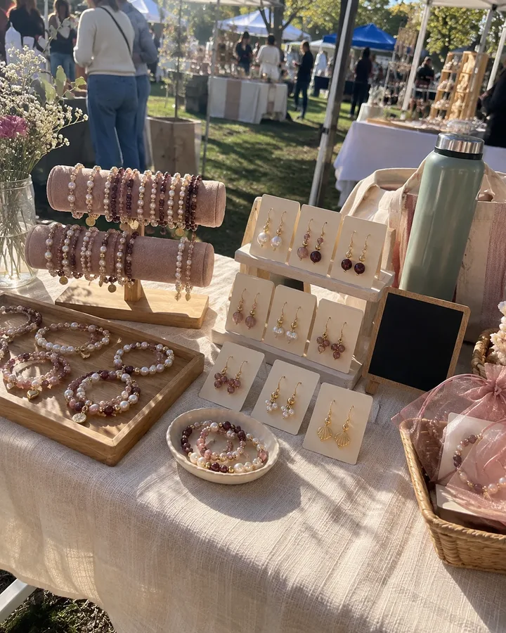 A small craft market table with handmade beaded jewellery on display