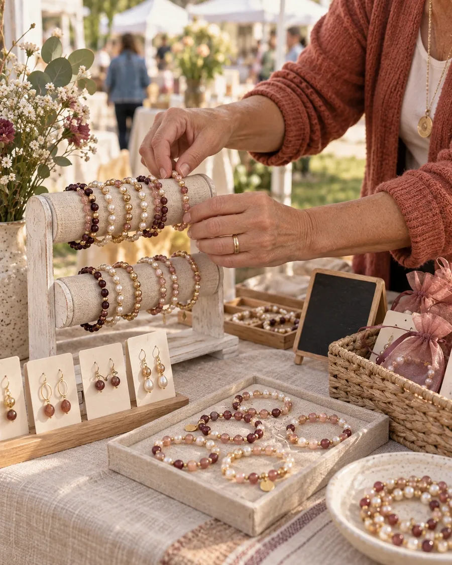 Woman arranging handmade beaded jewellery on a small market table display